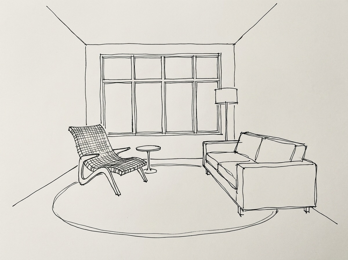 A living room sketched in pen