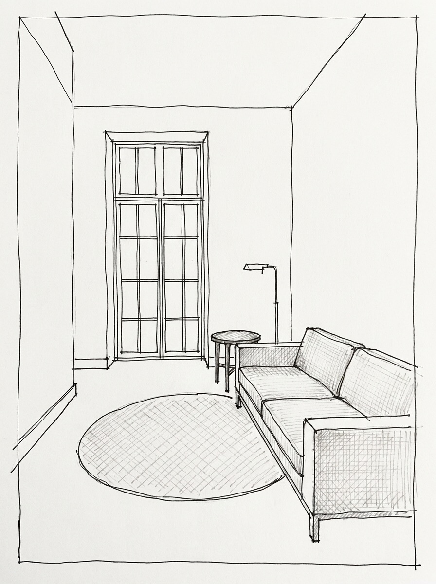Pen sketch of a composed living room