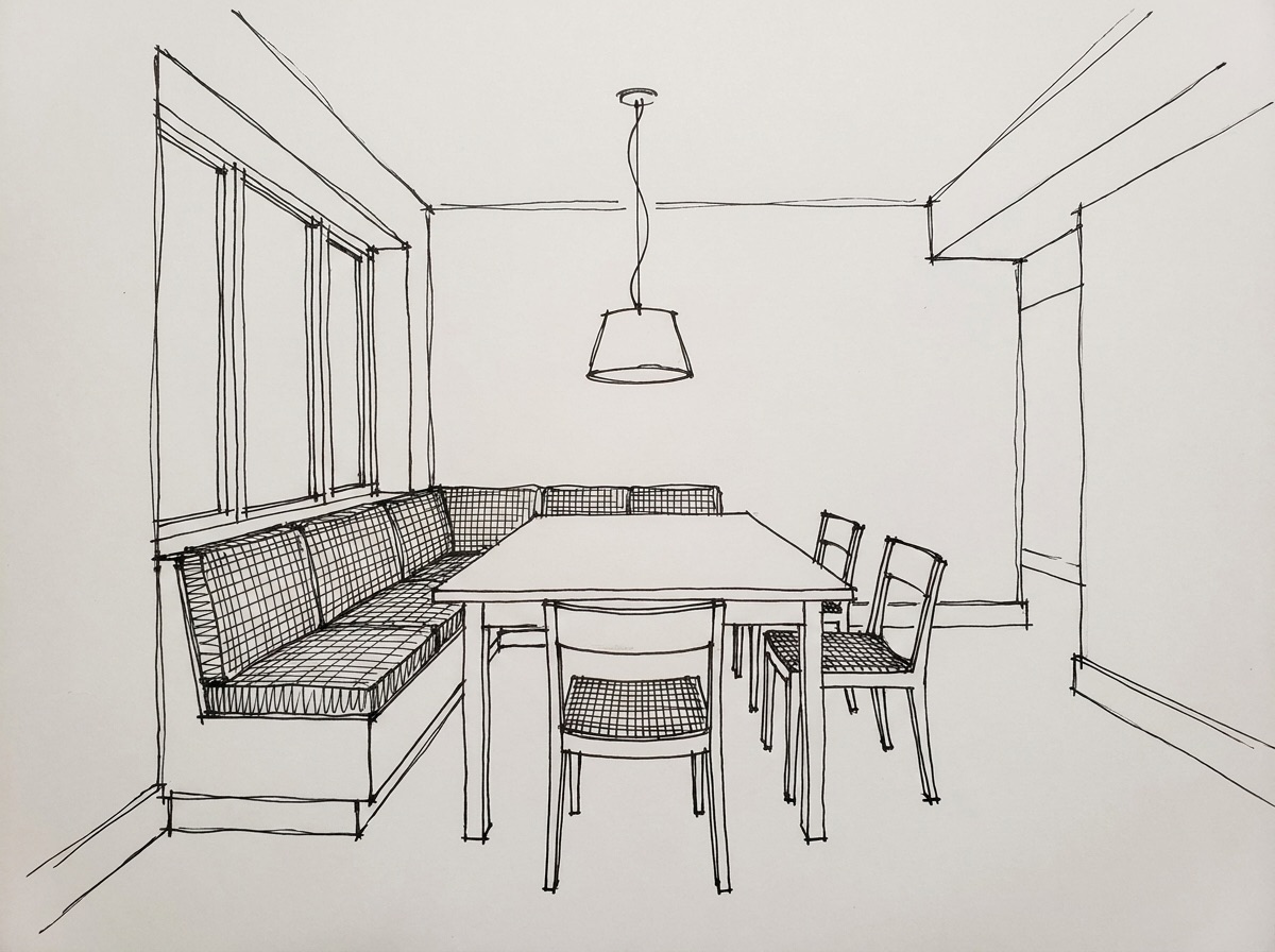 Pen sketch of a dining nook with bench seating