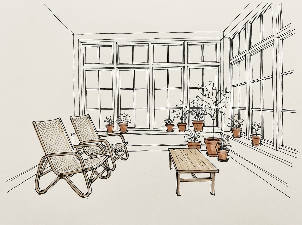 Pen sketch of a sunroom with rattan chairs
