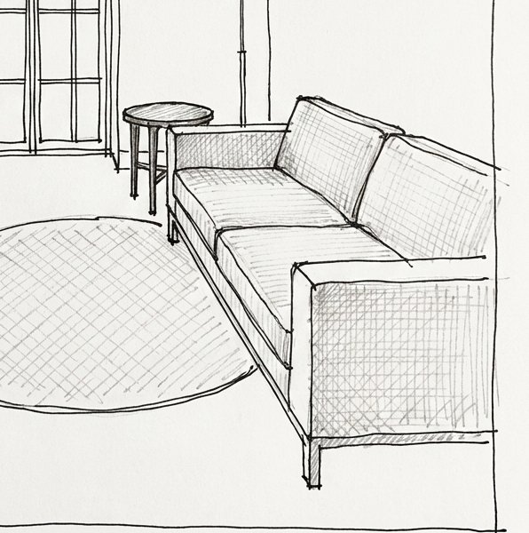 Pen sketch of a low linen sofa
