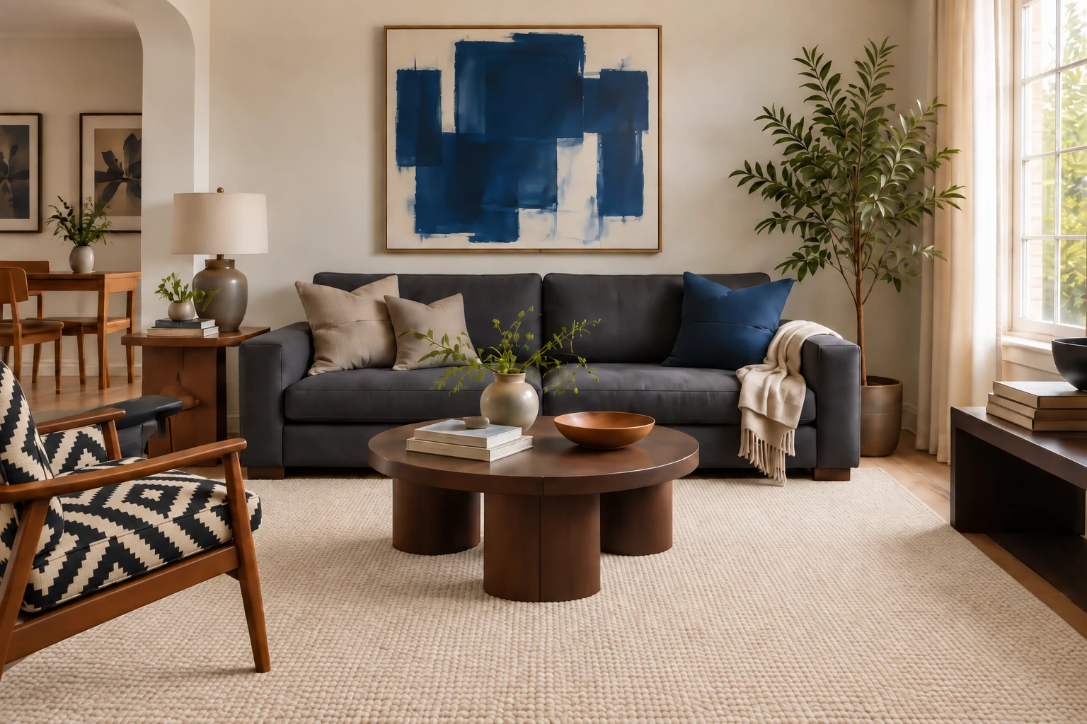 Illustrative room with a charcoal sofa, patterned chair and quiet cream rug